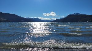 Image shows a lake from the perspective of a kayaker