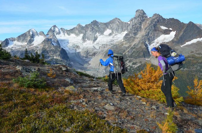 Two young hikers enjoying a hike in Autumn,