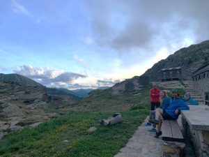 Image shows a small group of people in the Pyrenees Mountains