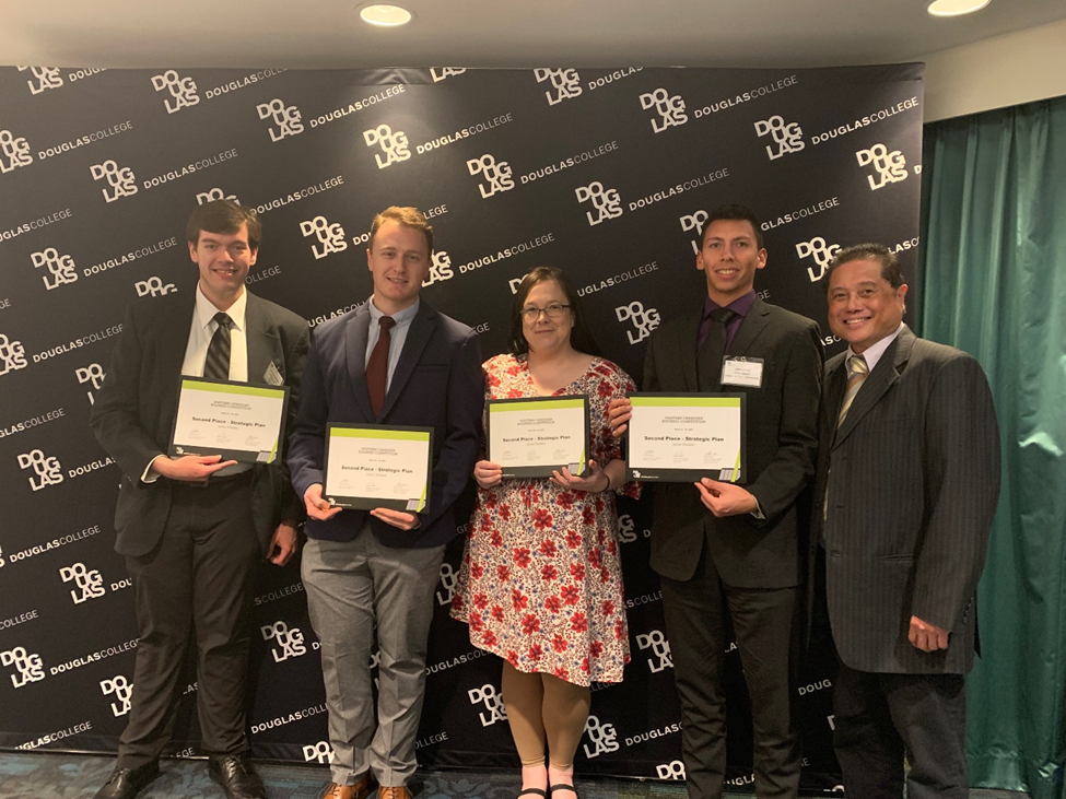 A group of students being presented an award at the Western Canada Business Competition.