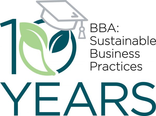 Image shows 10 Years BBA: Sustainable Business Practices with a graduation hat on the zero