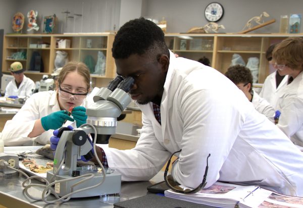 Image shows students working in a biology lab.