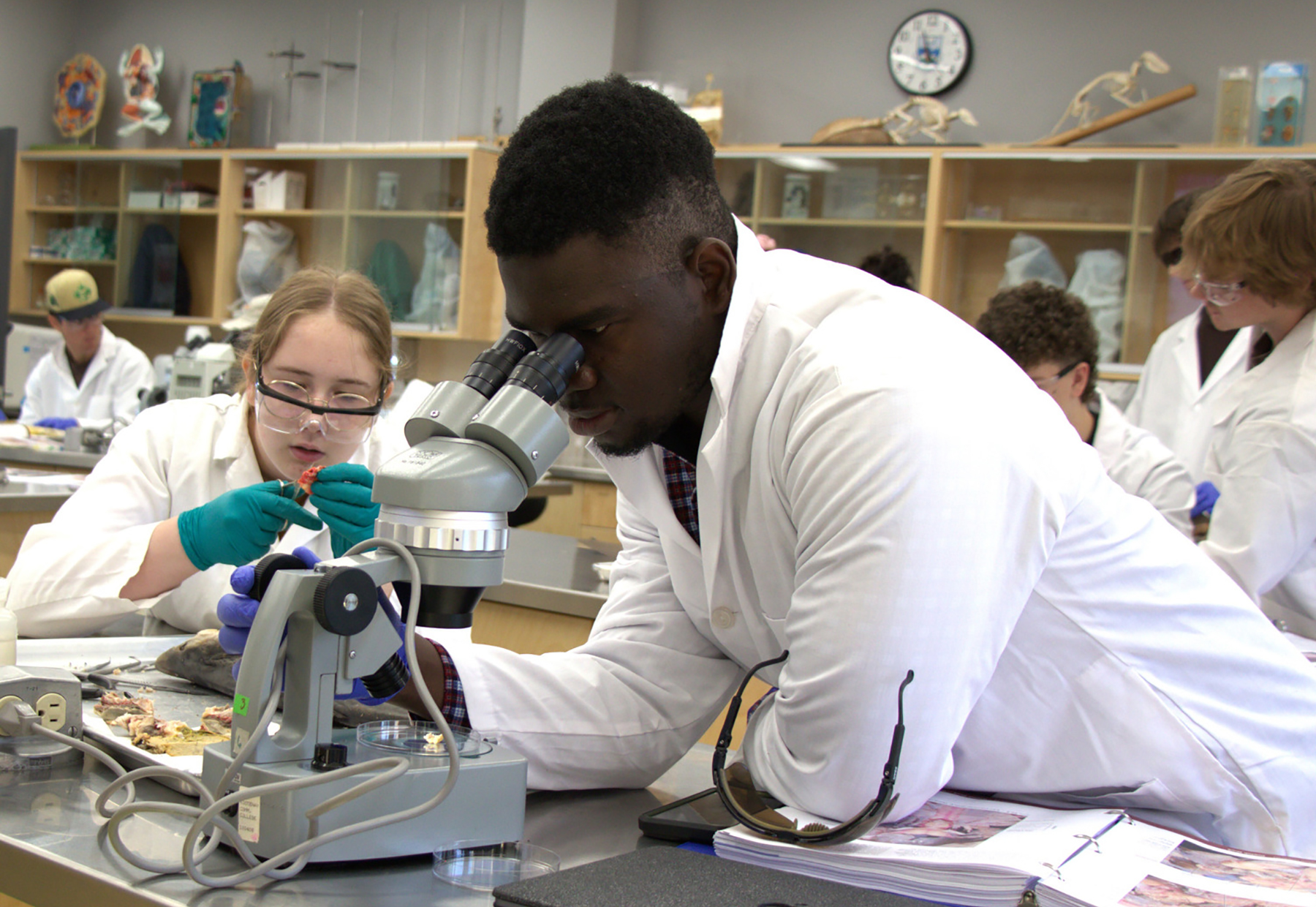 Image shows students working in a biology lab.