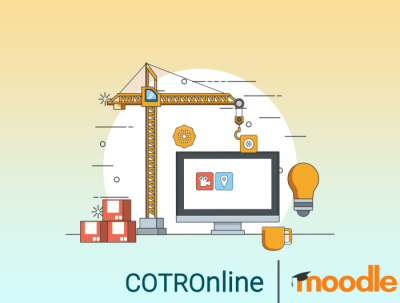 e-learning setup with cotronline and moodle logos, featuring a computer monitor, crane, books, and lightbulb, symbolizing construction of knowledge.