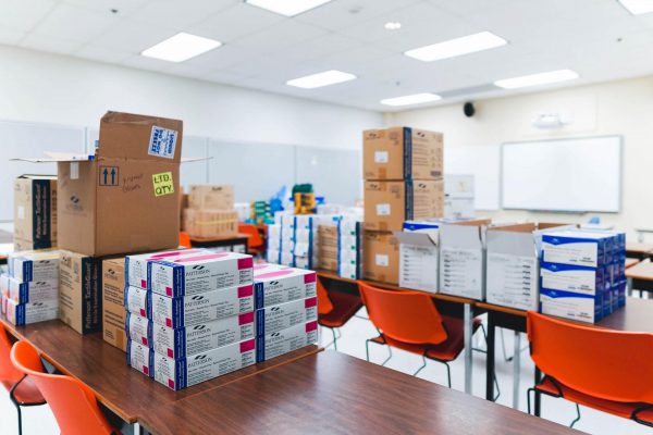 Image shows room filled with boxes of healthcare supplies