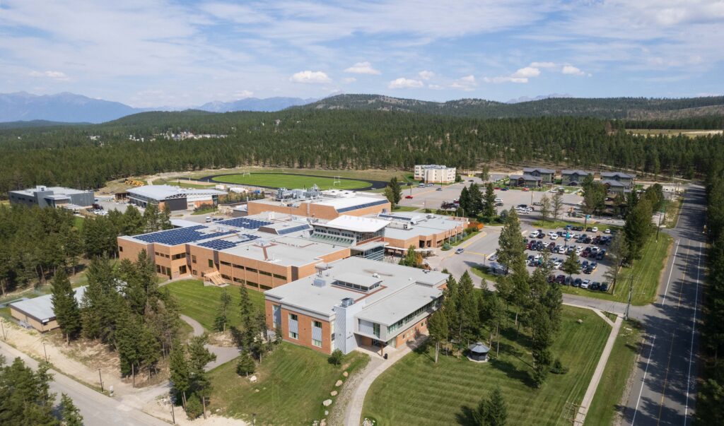 An aerial view of College of the Rockies Cranbrook Campus.