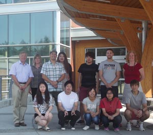 Image of College of the Rockies President, David Walls and Executive Directore, International and Regional Development, Patricia Bowron with a group of International students.