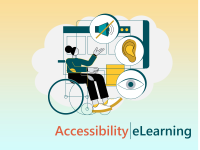 a person in a wheelchair pointing at icons representing sound, vision, and hearing on a screen. Text: "Accessibility eLearning.