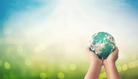 Image shows a pair of hands holding up a small globe in the sunshine.