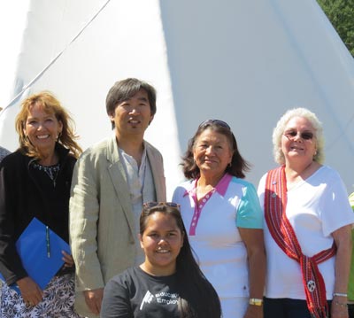 Image shows College of the Rockies VP, Academic and Applied Research with Shuswap Band Chief Barb Cote, Ktunaxa Nation Chair Kathryn Teneese, Metis Nation Regional Director Marilynn Taylor and Ktunaxa Nation member Morganna Eugene
