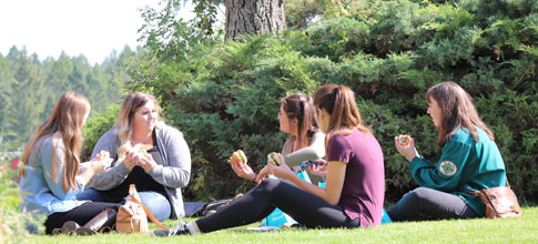 An image of three students sitting on the grass and visiting.