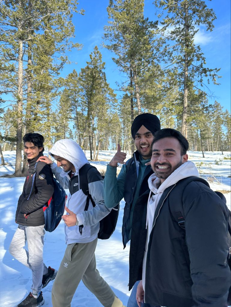 Group of happy students walking in the show.