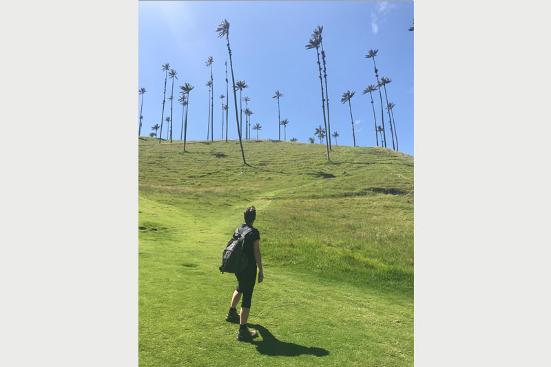 An image of a female's walking away with a grassy bank in the background.