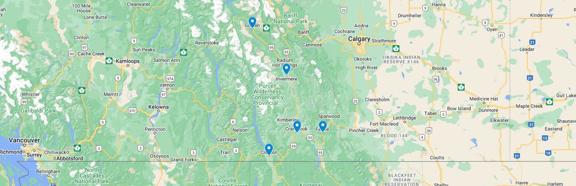 Google map showing the East Kootenay region of BC where the College of the Rockies campuses are located.