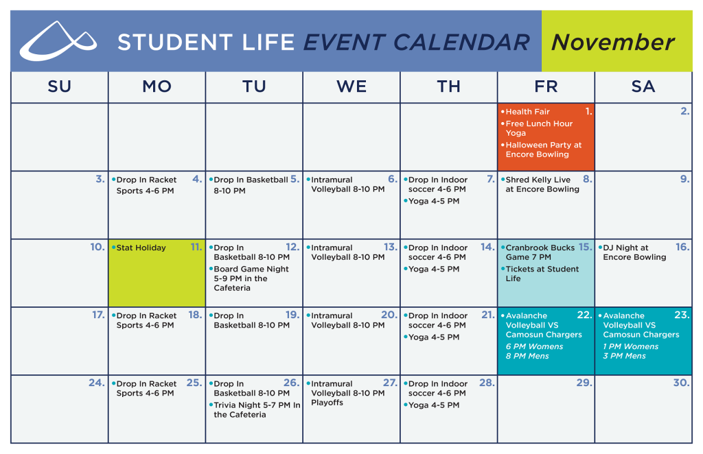 November Student Life Calendar