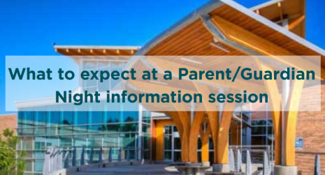 Image shows front of building with the words What to expect at a Parent/Guardian night information session overlaid.