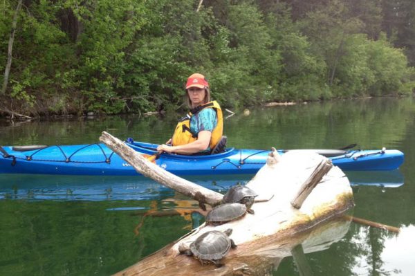 Image shows woman kayaking near a log with three turtles resting on it.