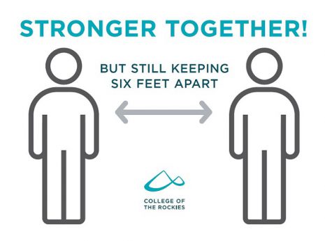 Image shows infographic of two figures 6 feet apart, with the words Stronger Together above them.