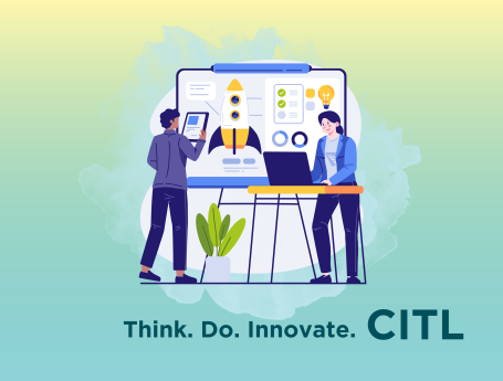 CITL. Think. Do. Innovate. Two people stand at a desk looking at a large display of graphs and figures.