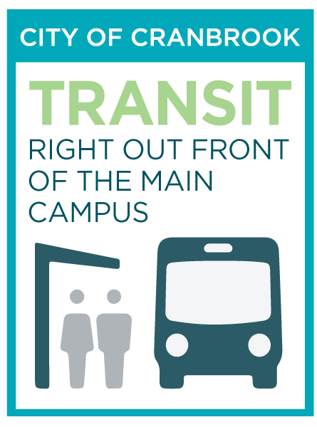 An infographic stating that College of the Rockies has transit service right to the front door of the Cranbrook campus.