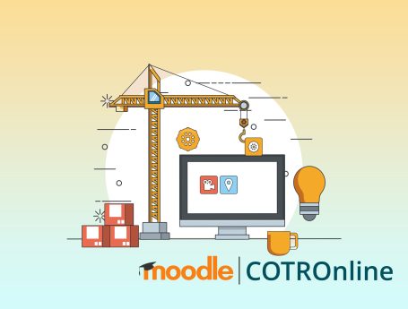 e-learning setup with cotronline and moodle logos, featuring a computer monitor, crane, books, and lightbulb, symbolizing construction of knowledge.