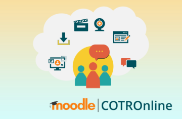 people discussing online learning tools such as file download, video recording, online resources and multimedia. Text reads: Moodle COTROnline.
