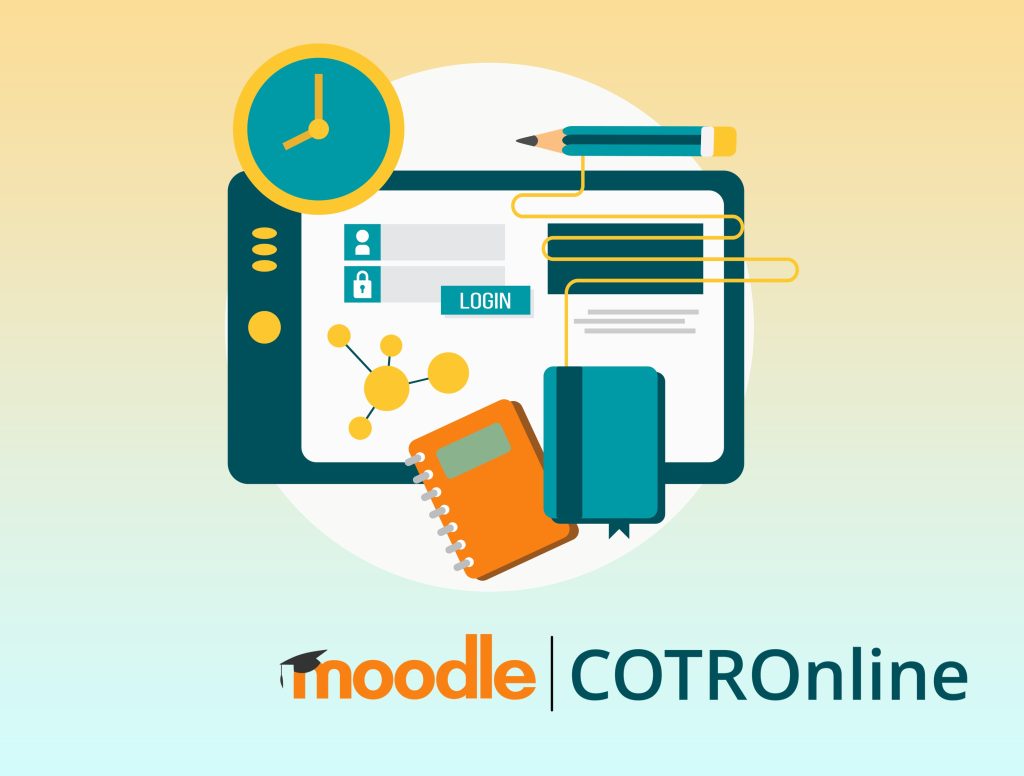 a tablet displaying a login screen, with a clock, pencil, notebook, and a book, labeled "Moodle COTROnline" below.