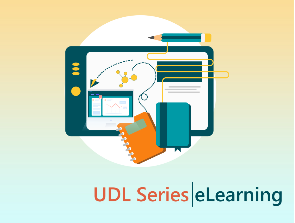 educational elements like a tablet, pencil, books, and computer monitor, with the text "UDL Series eLearning" at the bottom.