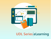 educational elements like a tablet, pencil, books, and computer monitor, with the text "UDL Series eLearning" at the bottom.