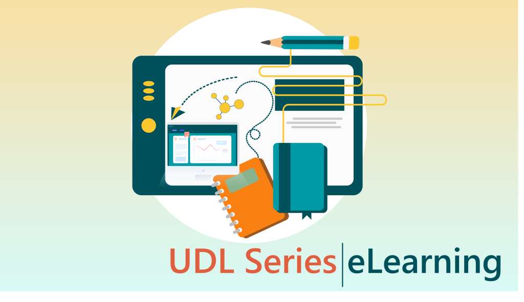 educational elements like a tablet, pencil, books, and computer monitor, with the text "UDL Series eLearning" at the bottom.